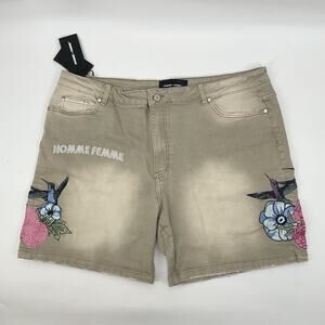 Homme + Femme Denim Shorts Sz 34 Rose Bird Embroidered Distressed Hem Streetwear